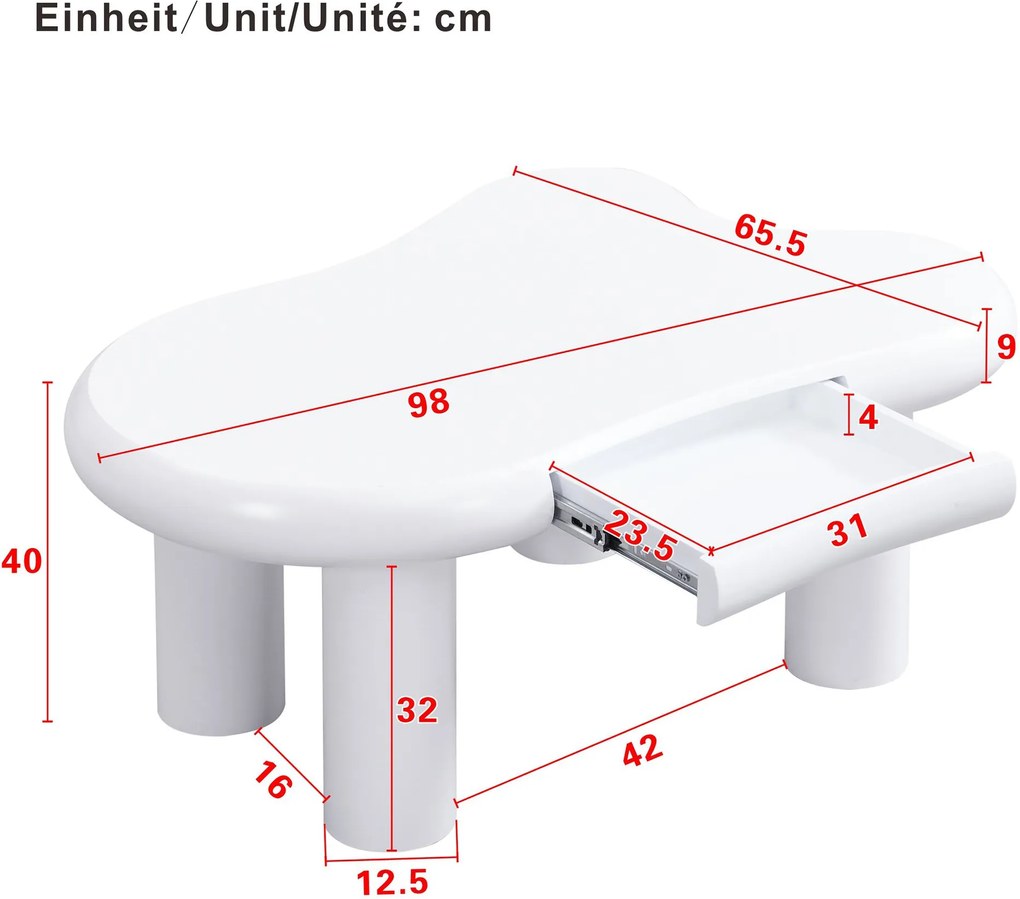 Masă de cafea în formă de nor, din MDF cu iluminare LED și sertar, 98x65,5x40 cm, Alb