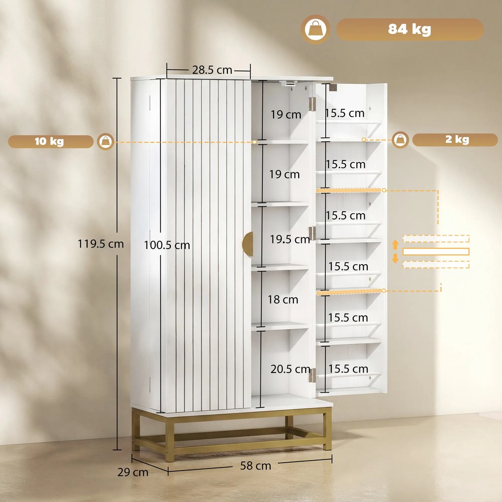 HOMCOM Dulap de bucătărie mobilier depozitare cu 12 rafturi pe uși, rafturi reglabile, 58x29x119,5cm, alb | Aosom Romania