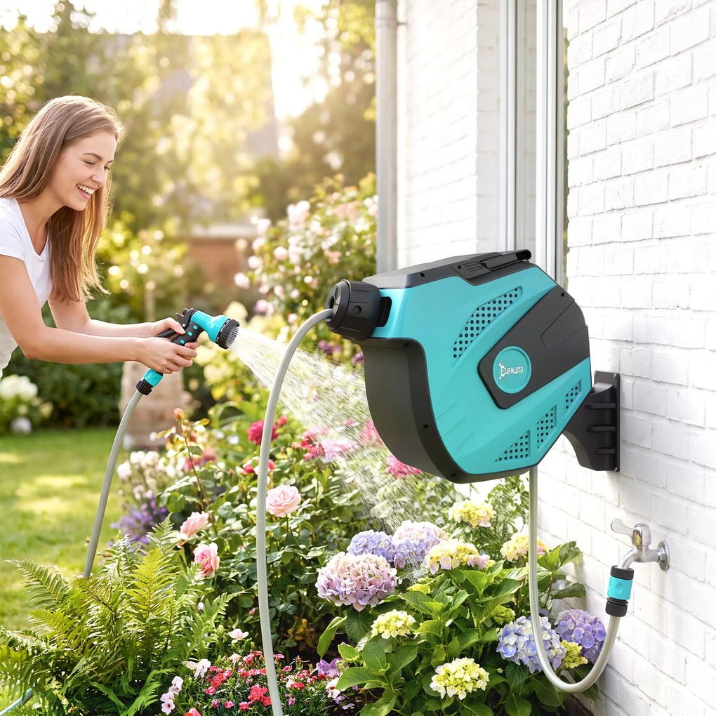 DURHAND Tambur cu Furtun de 15 m Retractabil cu 7 Moduri de Irigare și Kit de Montare, 44x22,5x41 cm, Negru | Aosom Romania