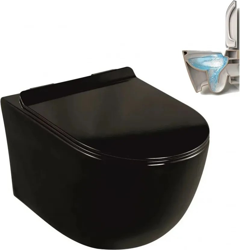 Set vas WC suspendat Inter Ceramic Rimless cu capac slim softclose finisaj negru lucios