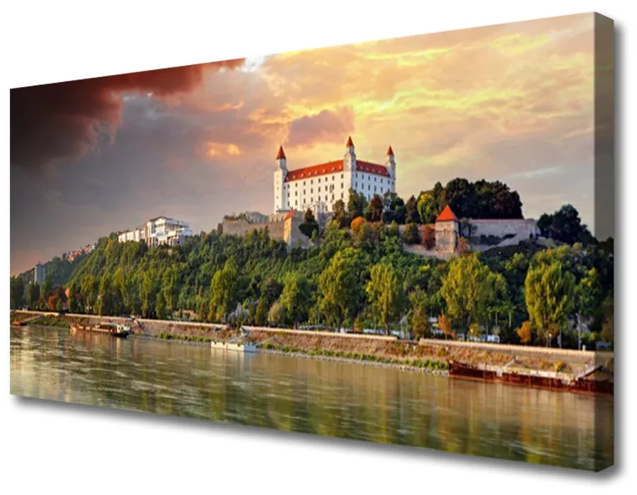 Tablou pe panza canvas City Lake Peisaj Alb Brun Verde