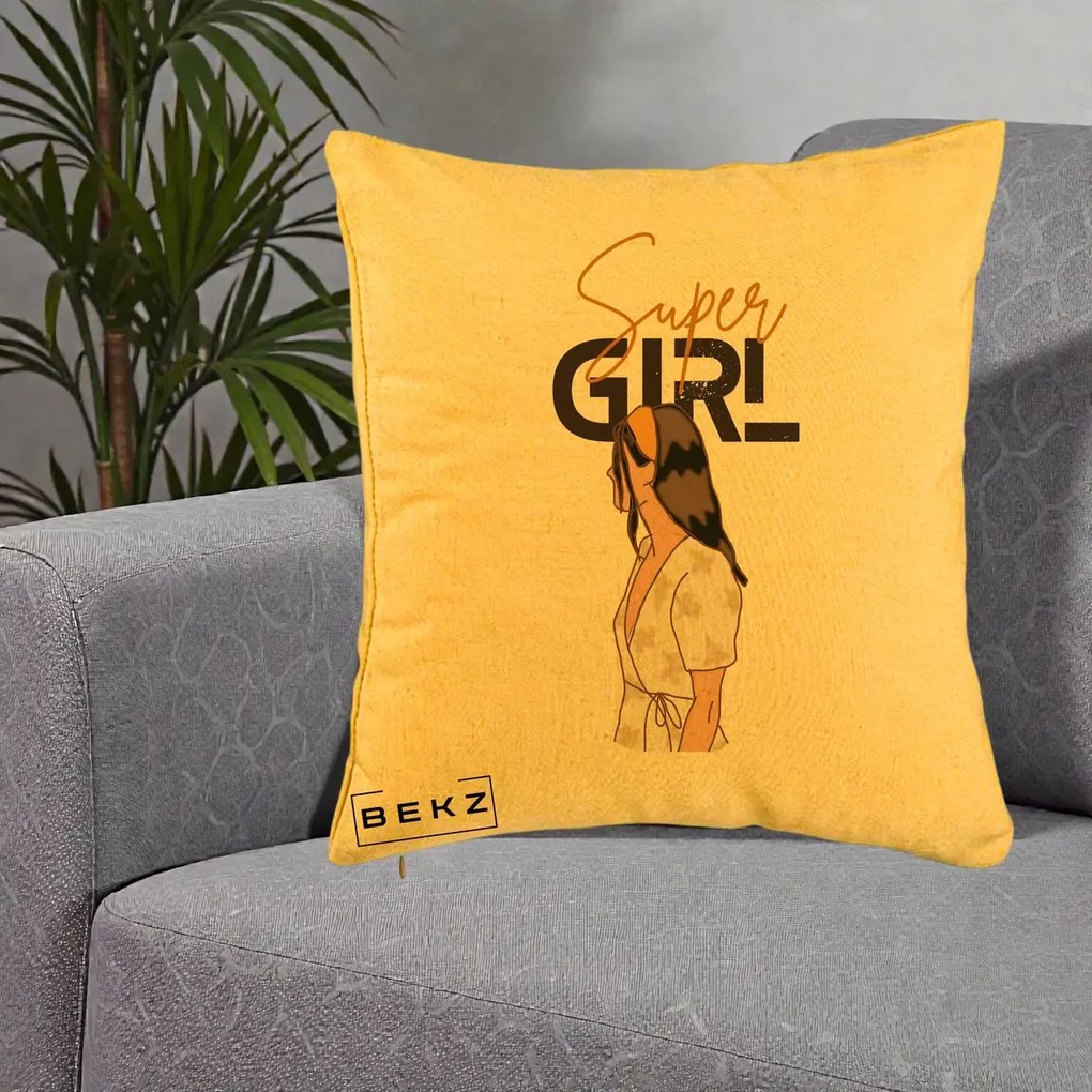 Perna Decorativa Super Girl Aesthetic, 40x40 cm, Galben, Husa Detasabila, Perna Inclusa, BEKZ®
