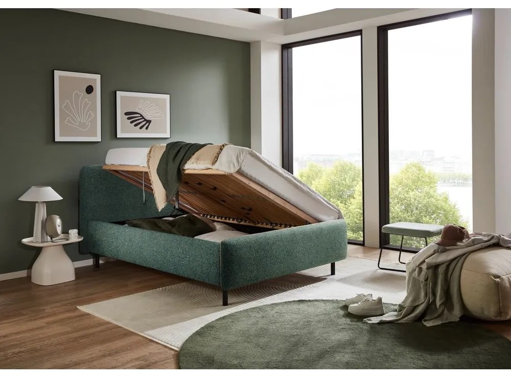 Pat matrimonial verde închis tapițat cu spațiu de depozitare cu somieră 160x200 cm Primo – Meise Möbel