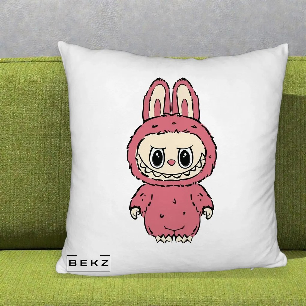 Perna Personalizata Labubu Roz Solo, 40x40 cm, Alb Pufos, Husa Detasabila, Perna Inclusa, BEKZ®