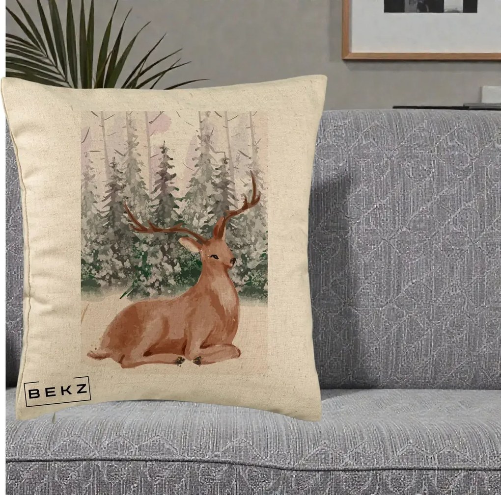 Perna Decorativa Ren in Padure Roz Moale, 40x40 cm, Bej, Husa Detasabila, Perna Inclusa, BEKZ®