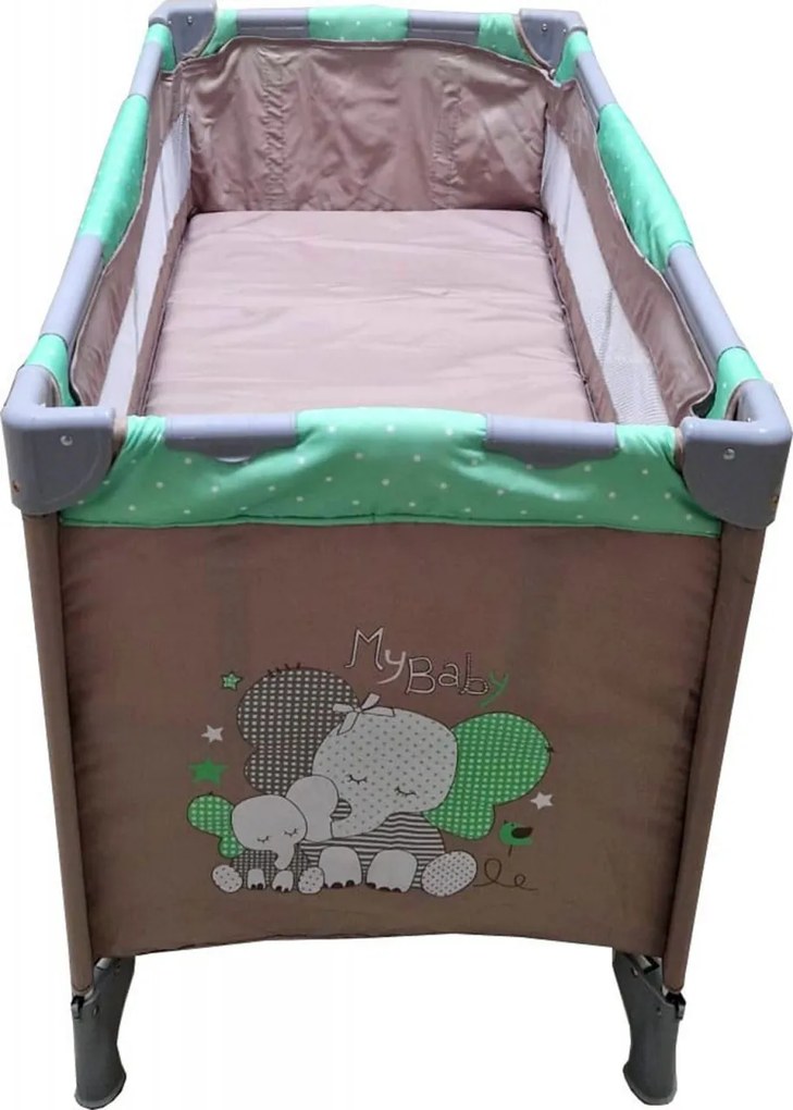 Patut Pliabil si Tarc copii Baby Care™ PRO FMG, 120X60 cm, 2 Niveluri de inaltime, Cu geanta transport inclusa, Plasa insecte, Maron cu Verde
