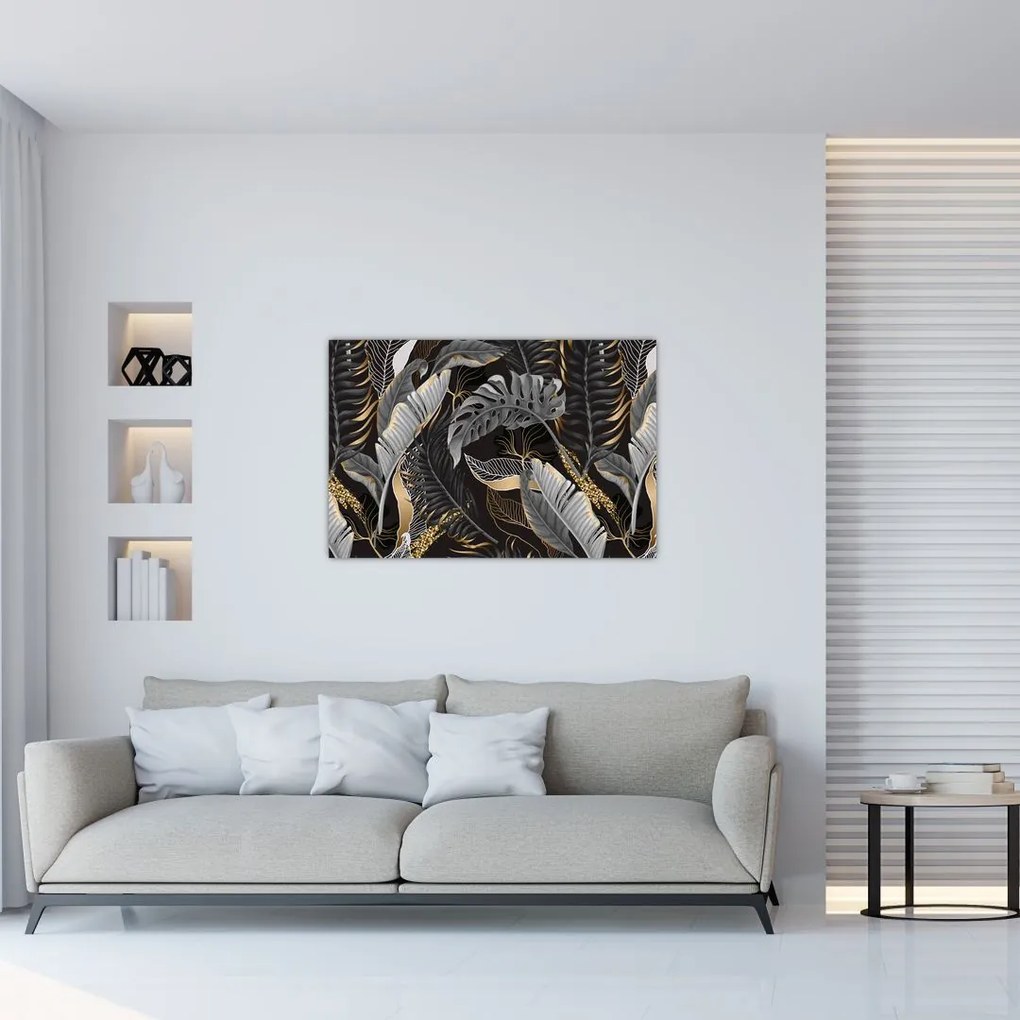 Tablou - Frunze tropicale, Galben - auriu (90x60 cm)