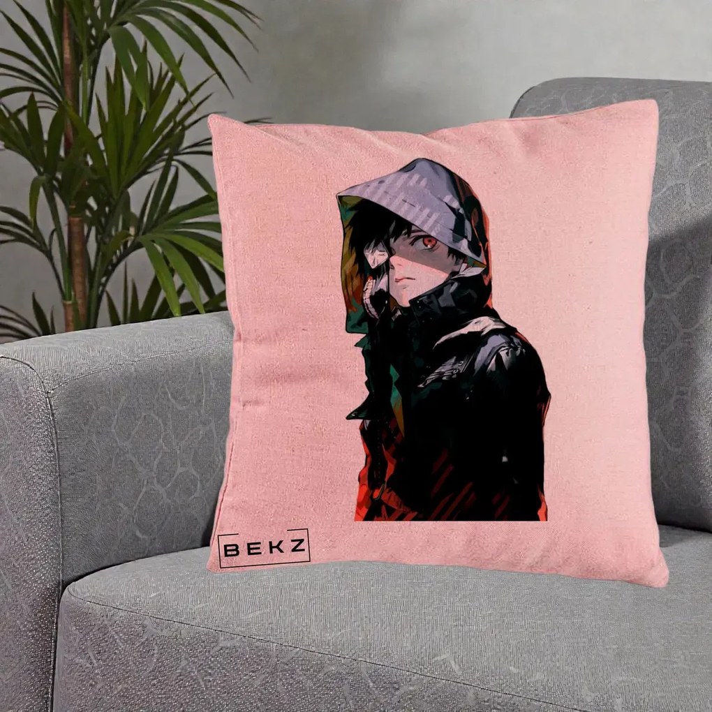 Perna Personalizata Tokyo Ghoul Ken Kaneki cu Masca si Gluga, 40x40 cm, Roz, Husa Detasabila, Perna Inclusa, BEKZ®