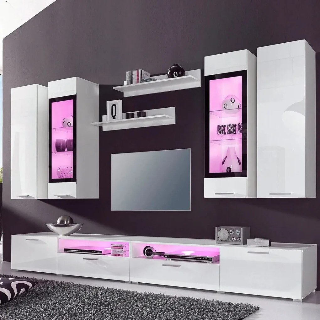 Mobilă pentru sufragerie Austin 105Alb, Alb lucios, Negru, Cu componente suplimentare, Părți separate, Cu comodă tv, PAL laminat, Sticlă călită, 280x40cm