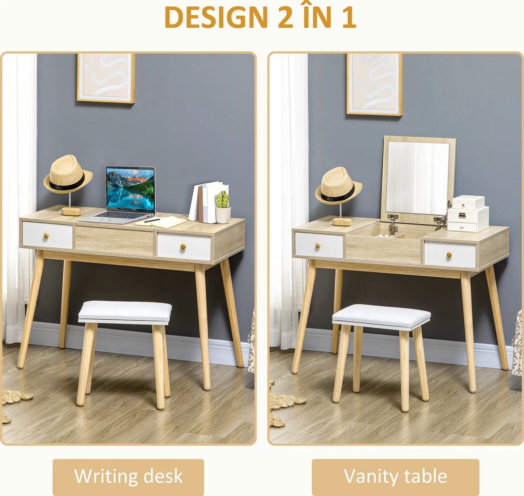 Masa de toaleta cu oglinda glisanta scaun tapitat 2 sertare 5 compartimente de depozitare pentru casa 100x45x118cm Lemn HOMCOM | Aosom RO