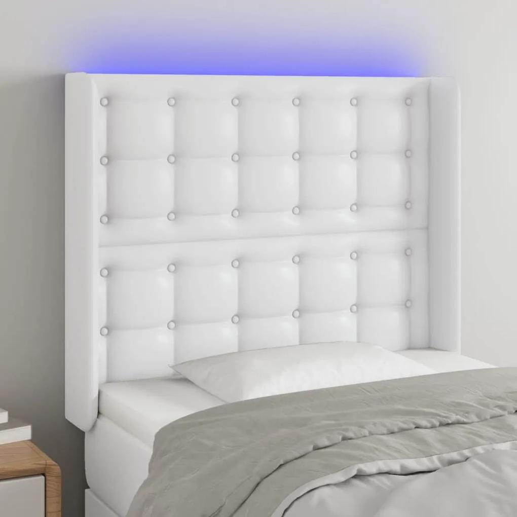 3124127 vidaXL Tăblie de pat cu LED, alb, 93x16x118/128 cm, piele ecologică