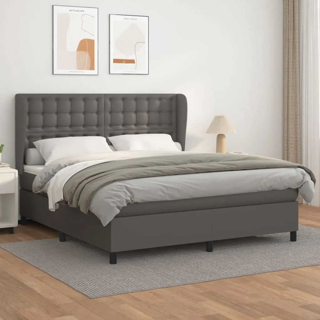 3129043 vidaXL Pat box spring cu saltea, gri, 160x200 cm, piele ecologică