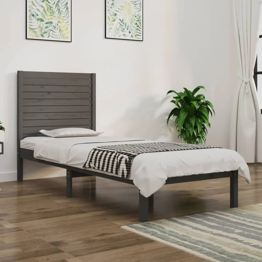 3104575 vidaXL Cadru de pat single, gri, 90x190 cm, lemn masiv