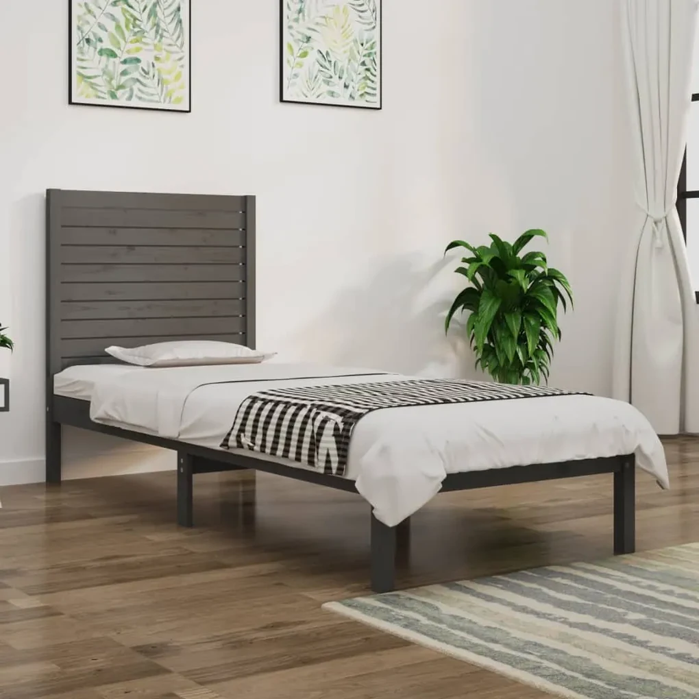 3104575 vidaXL Cadru de pat single, gri, 90x190 cm, lemn masiv