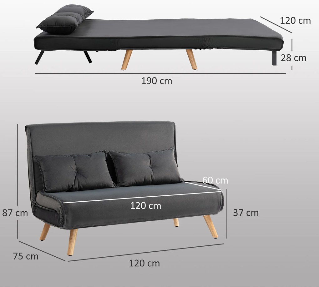 HOMCOM Canapea de dormit de 2 locuri, canapea pat, canapea transformabilă în pat, spătar reglabil, material textil, cadru metalic, Gri | Aosom Romania