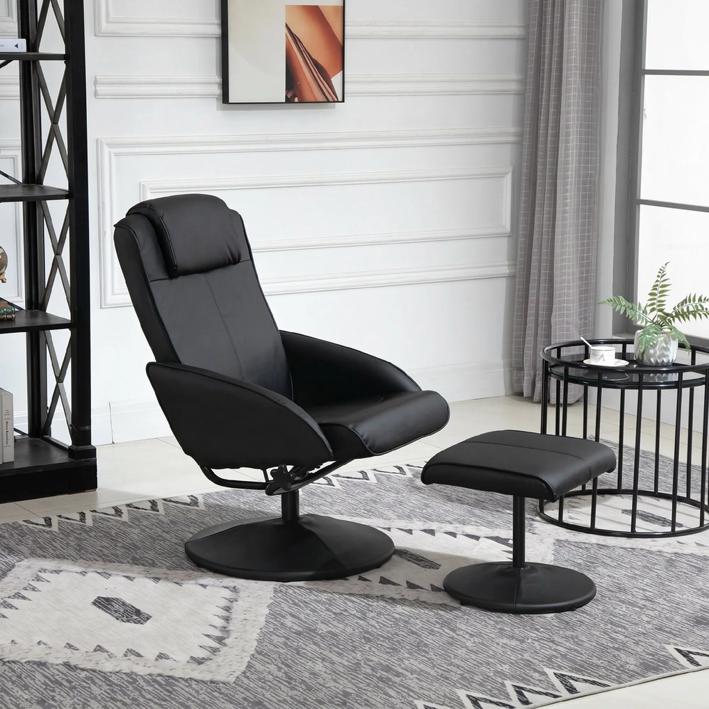 HOMCOM Fotoliu reclinabil de relaxare cu otoman pentru picioare si tapiterie din piele artificiala, 71x78x101cm, negru | Aosom Romania