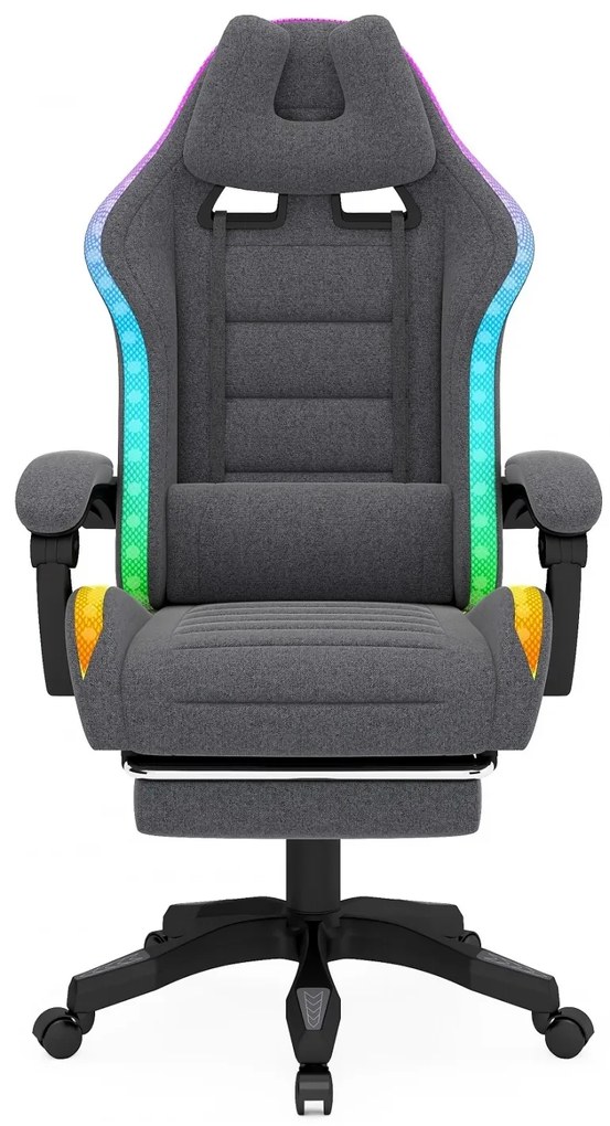 RESIGILAT- Scaun gaming, sistem iluminare bandă LED RGB, suport picioare, material textil, Gri