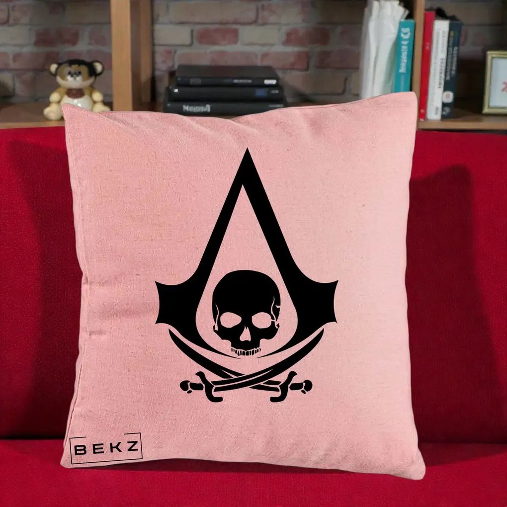 Perna Personalizata Assassin's Creed Black Flag Skull, 40x40 cm, Roz, Husa Detasabila, Perna Inclusa, BEKZ®