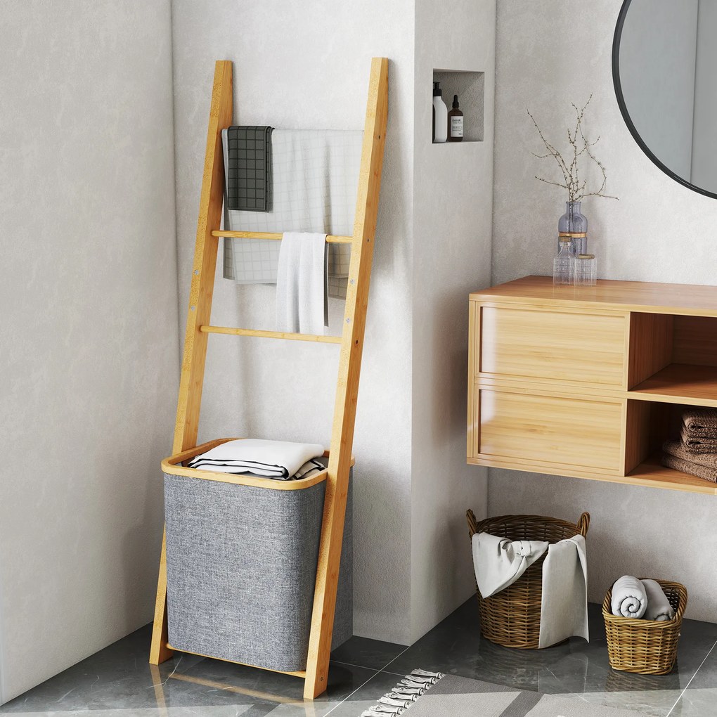 HOMCOM Suport prosoape din bambus cu coș de rufe, scară suport pentru prosoape cu 1 coș de rufe, 43 x 35 x 133 cm, gri | Aosom Romania