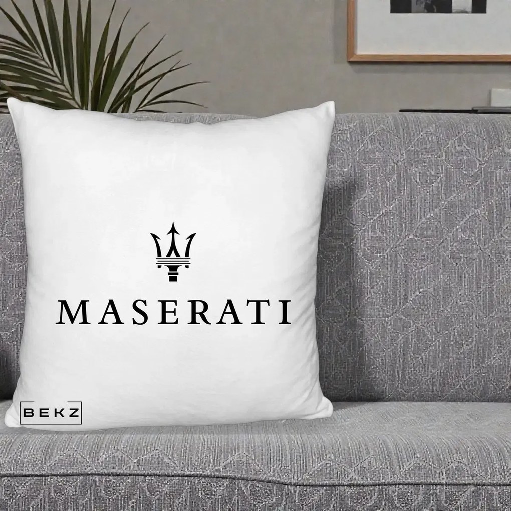 Perna Personalizata cu emblema Maserati, 40x40 cm, Alb Pufos, Husa Detasabila, Perna Inclusa, BEKZ®