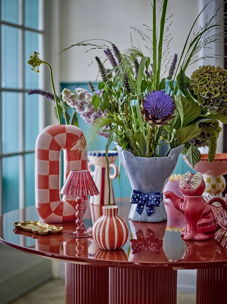 Vază din ceramică artizanală, albastru, cu formă ondulată și fundiță decorativă cu buline, 19,5x28,5 cm, „Belivia"