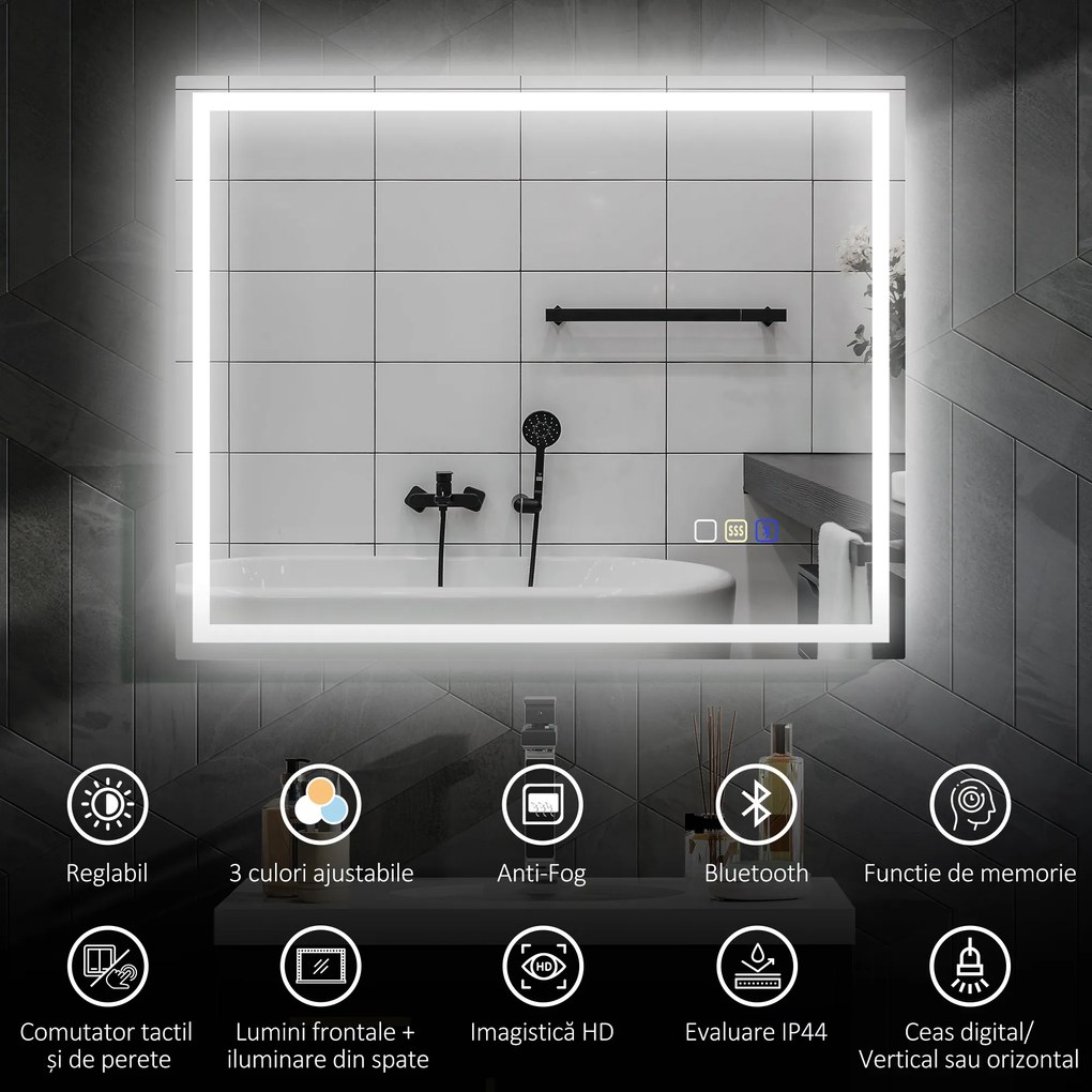 HOMCOM Oglindă Baie Bluetooth LED Antiabur Tactil | Aosom Romania