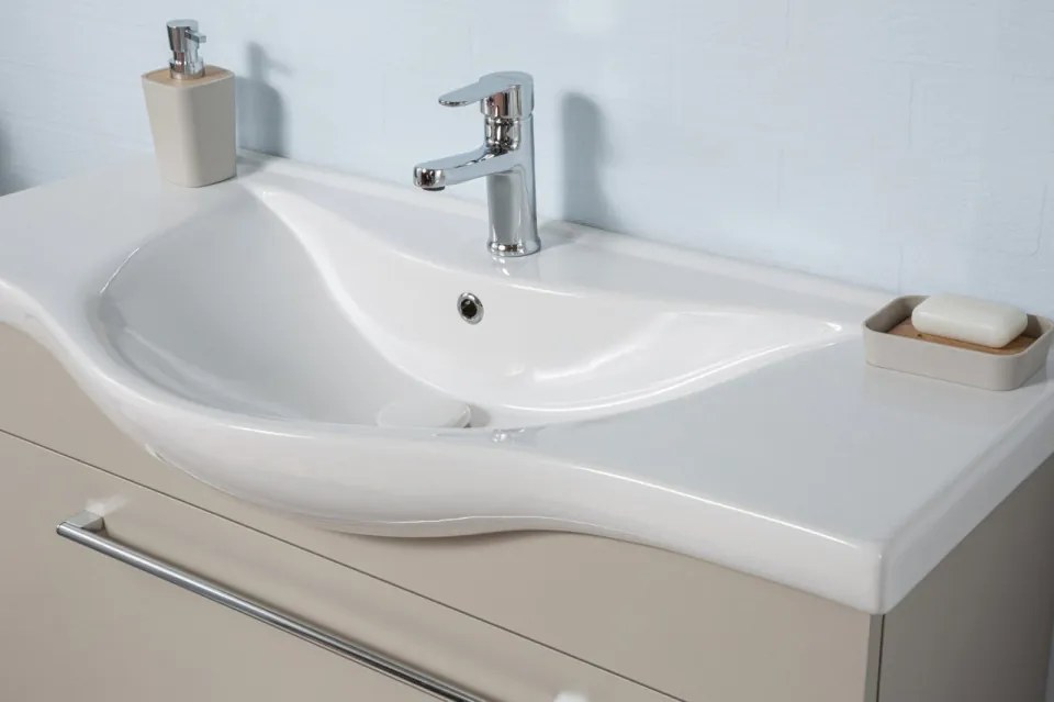 Set Mobilier Baie Arches, Include Baza Lavoar, Lavoar și Oglinda, 100 cm, Latte