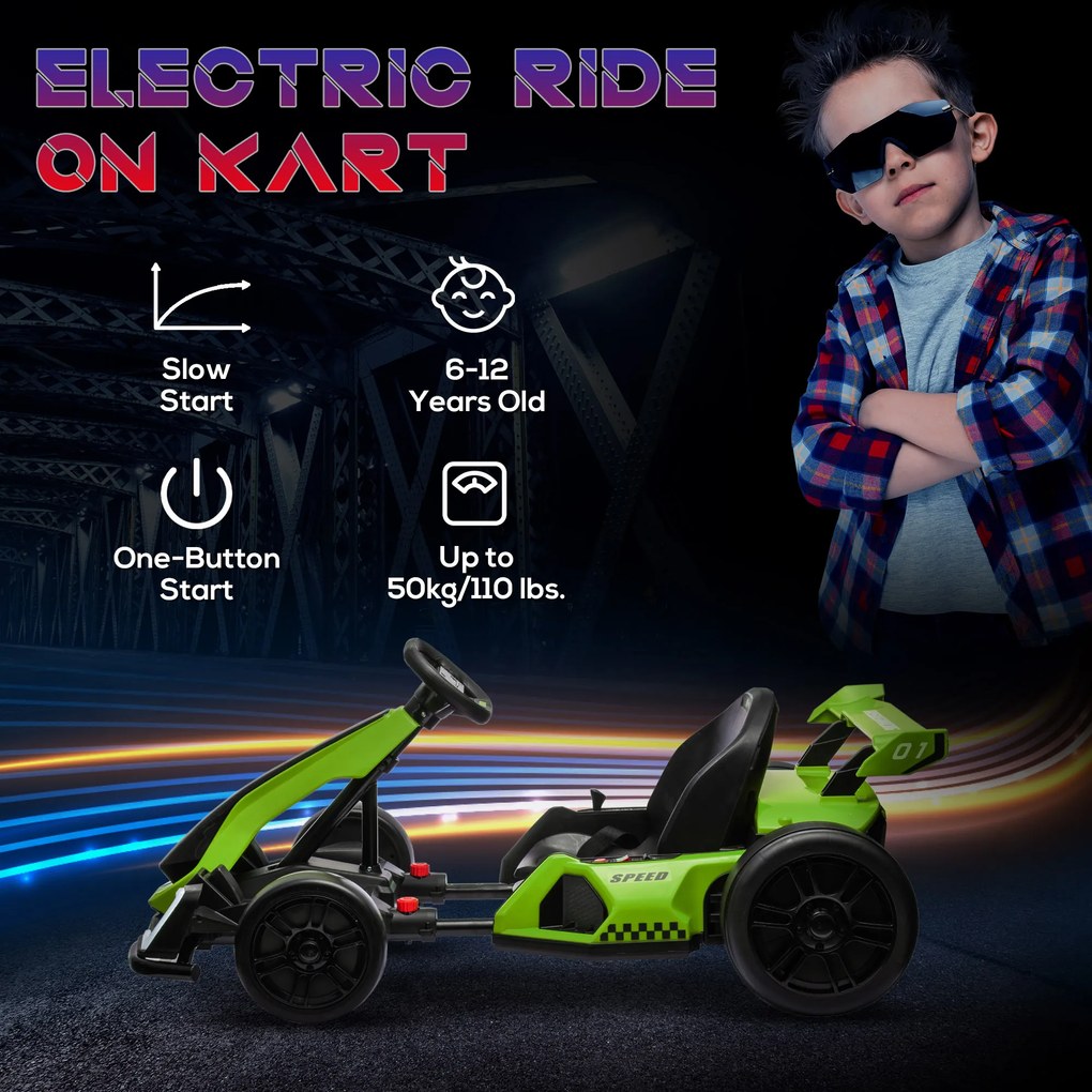 HOMCOM Go Kart Electric pentru Copii cu Scaun Reglabil, 2 Motoare, Claxon, Lumini și Muzică, 120x76x53,5 cm, Verde | Aosom Romania