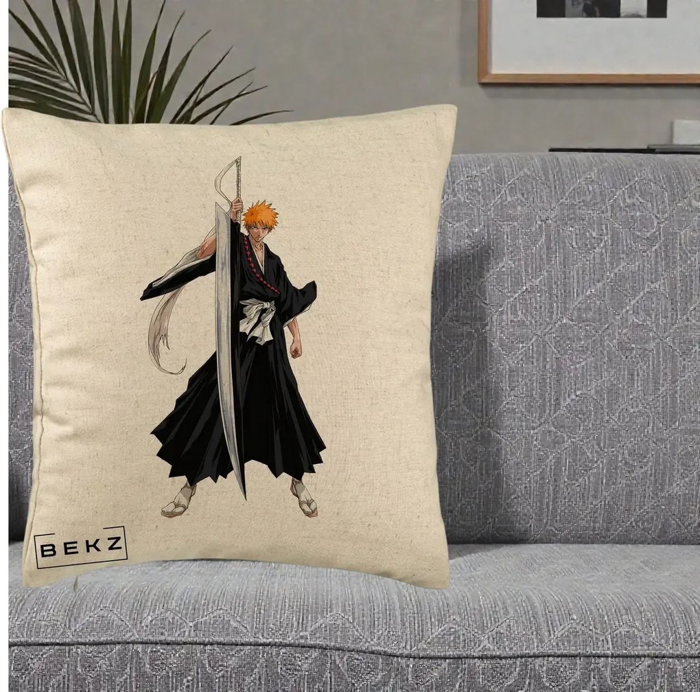 Perna Personalizata Bleach Ichigo Kurosaki Zangetsu, 40x40 cm, Bej, Husa Detasabila, Perna Inclusa, BEKZ®