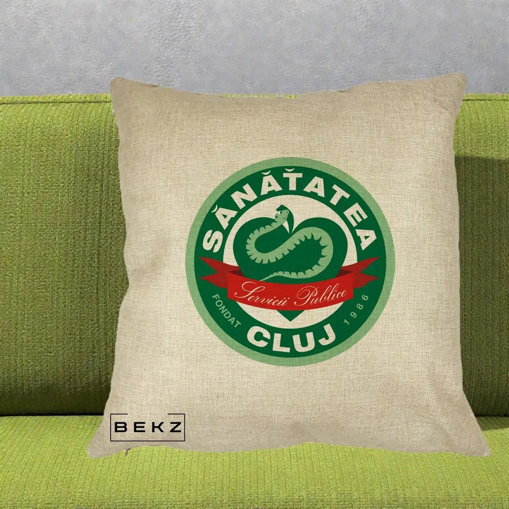 Perna Personalizata Sanatatea Cluj Servicii Publice 1986, 40x40 cm, Crem, Husa Detasabila, Perna Inclusa, BEKZ®