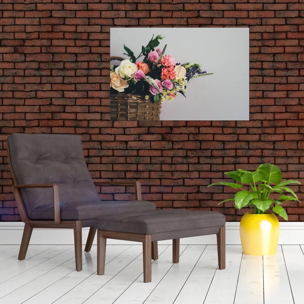 Tablou cu coș și flori (90x60 cm)