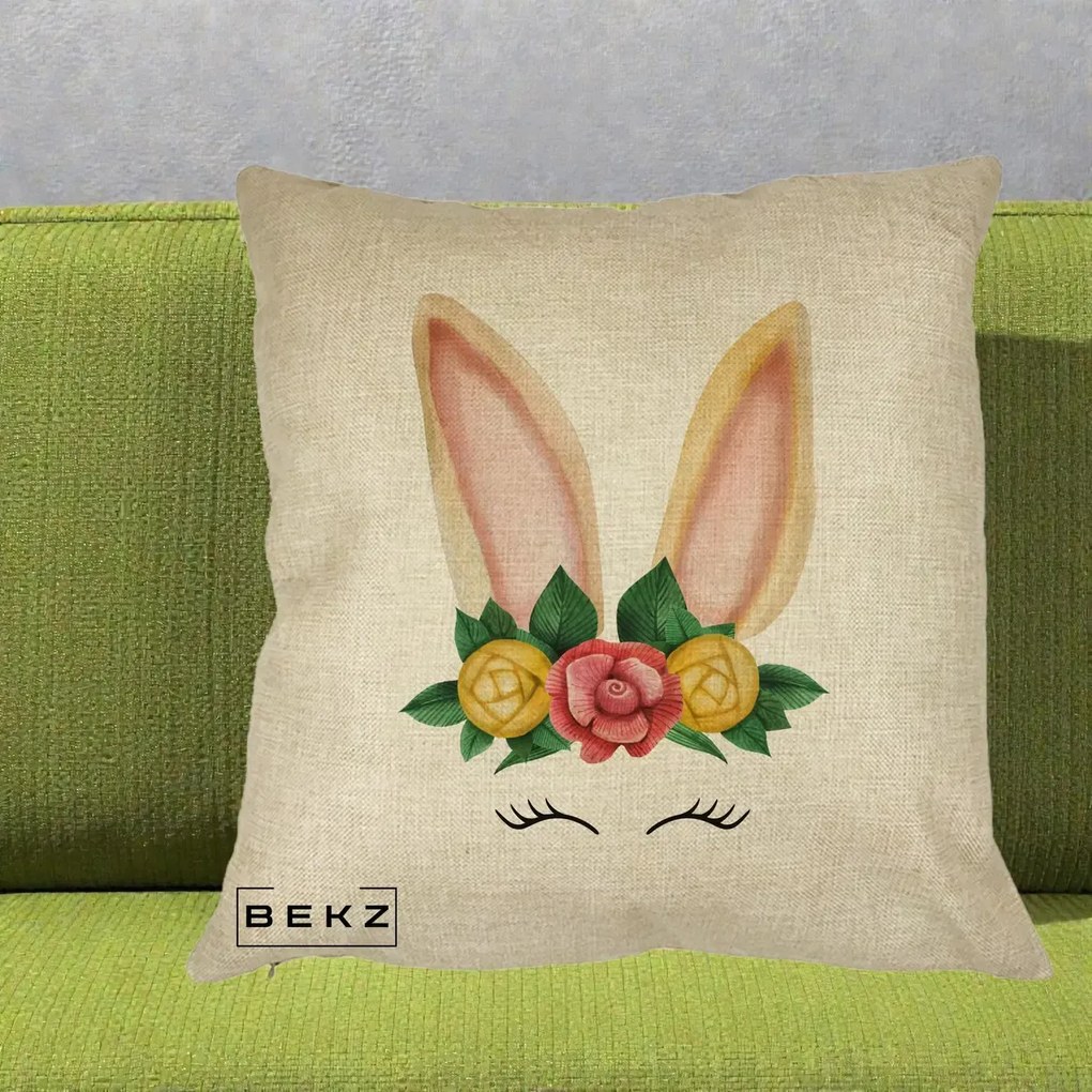 Perna Decorativa Iepuras Flori Urechi Pastelui, 40x40 cm, Crem, Husa Detasabila, Perna Inclusa, BEKZ®