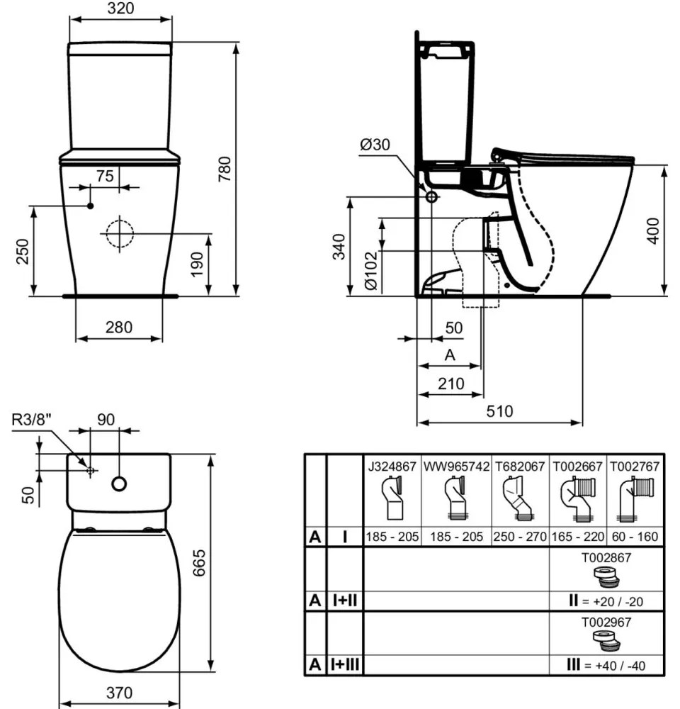 Rezervor vas wc Ideal Standard Connect Space Cube alb lucios cu alimentare inferioara