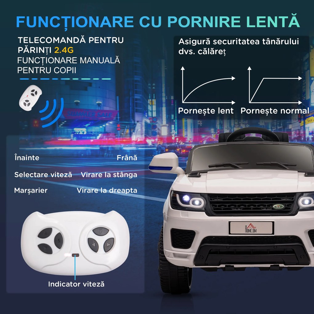 HOMCOM Mașinuță Electrică pentru Copii cu Motor Dublu, Suspensie și Telecomandă, 110x68x52 cm, Alb | Aosom Romania