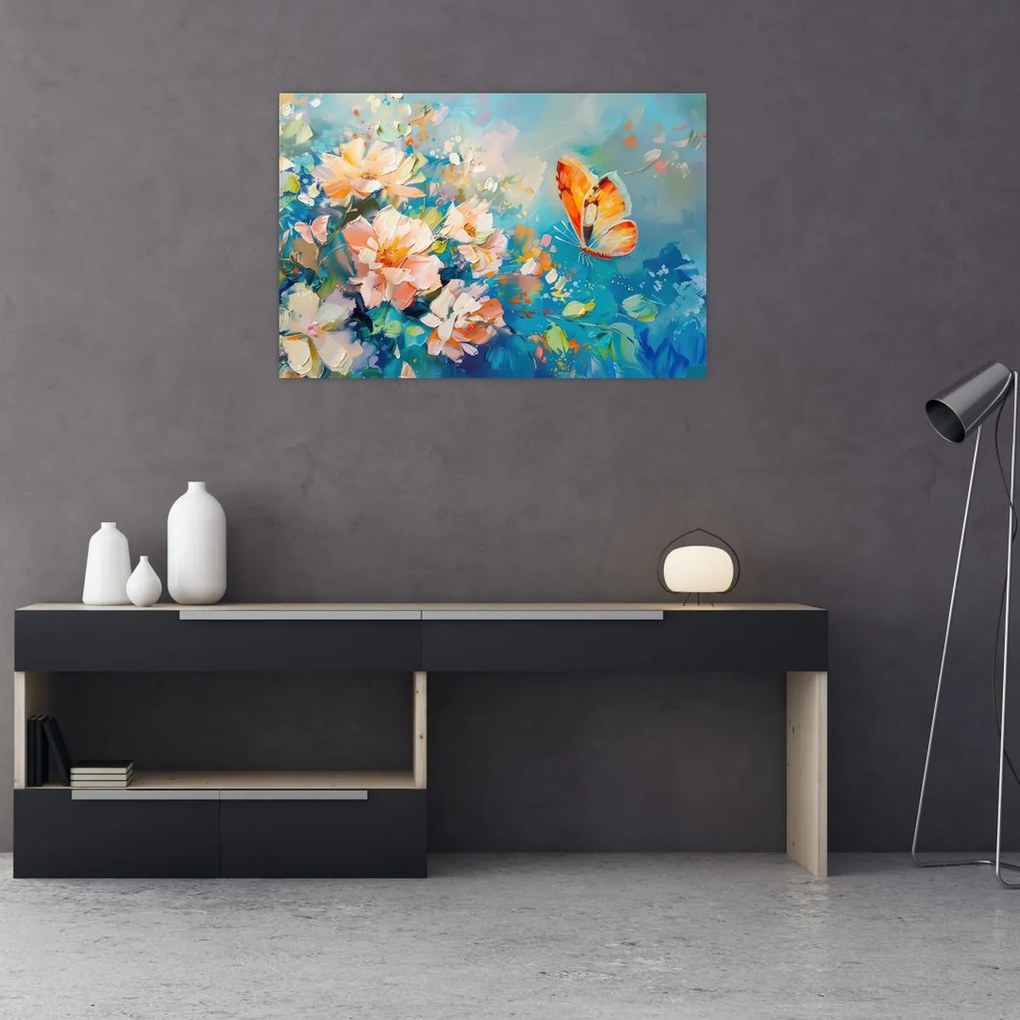 Tablou - Fluture și flori, pictură în ulei II. (90x60 cm)