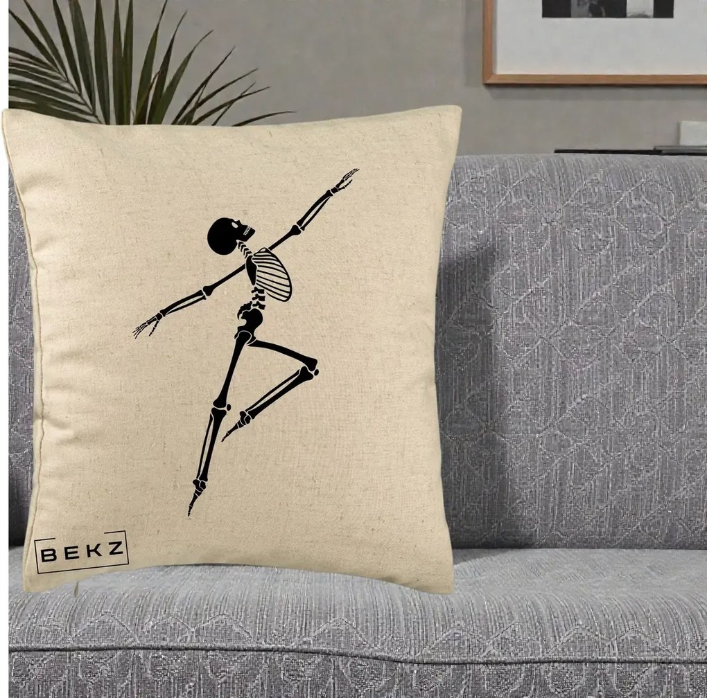 Perna Decorativa Schelet Dansator Silueta Neagra Halloween, 40x40 cm, Bej, Husa Detasabila, Perna Inclusa, BEKZ®