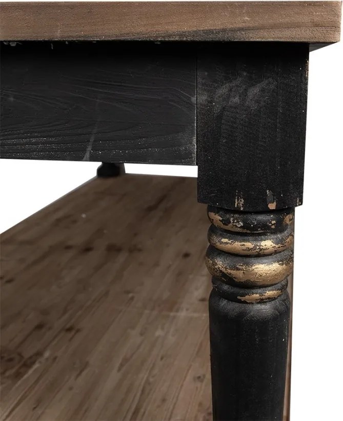 Masă de prezentare shabby chic din lemn, natur, cu raft inferior și picioare strunjite, finisaj negru antichizat, 85 x 200 x 100 cm, „Clarisse”