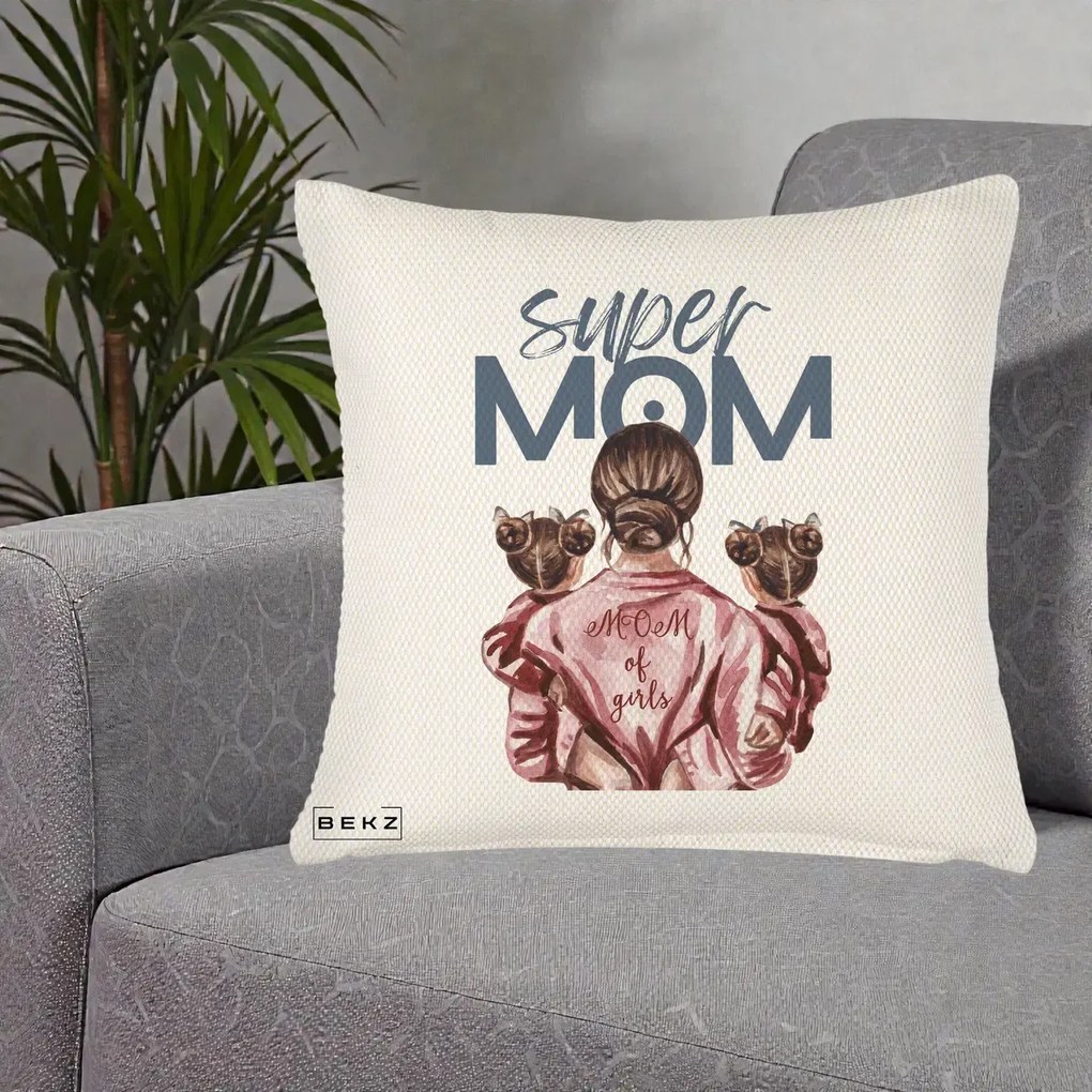Cadou pentru Mama - Perna Personalizata Super Mom of Girls Mama cu Gemene, 40x40 cm, Crem Reliefat, Husa Detasabila, Perna Inclusa, BEKZ®