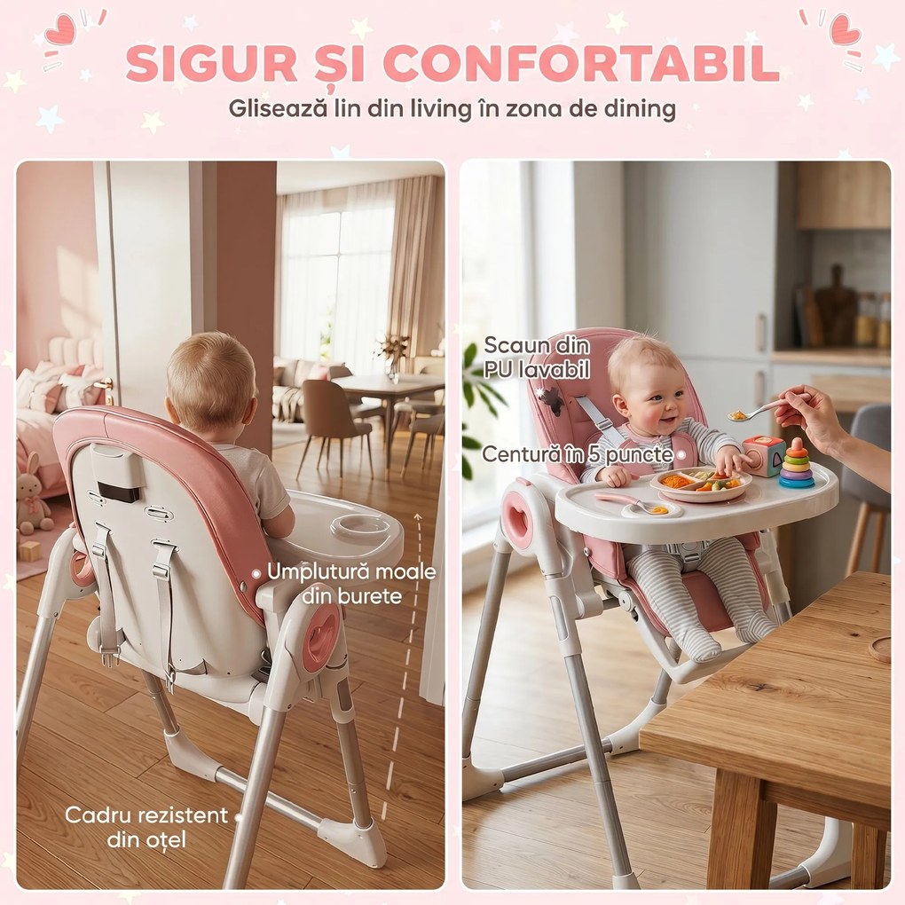 AIYAPLAY Scaun de Masă Pliabil pentru Copii 6-36 Luni cu Înălțime Reglabilă, Dublă Tăviță Lavabilă, Roți, Roz | Aosom Romania