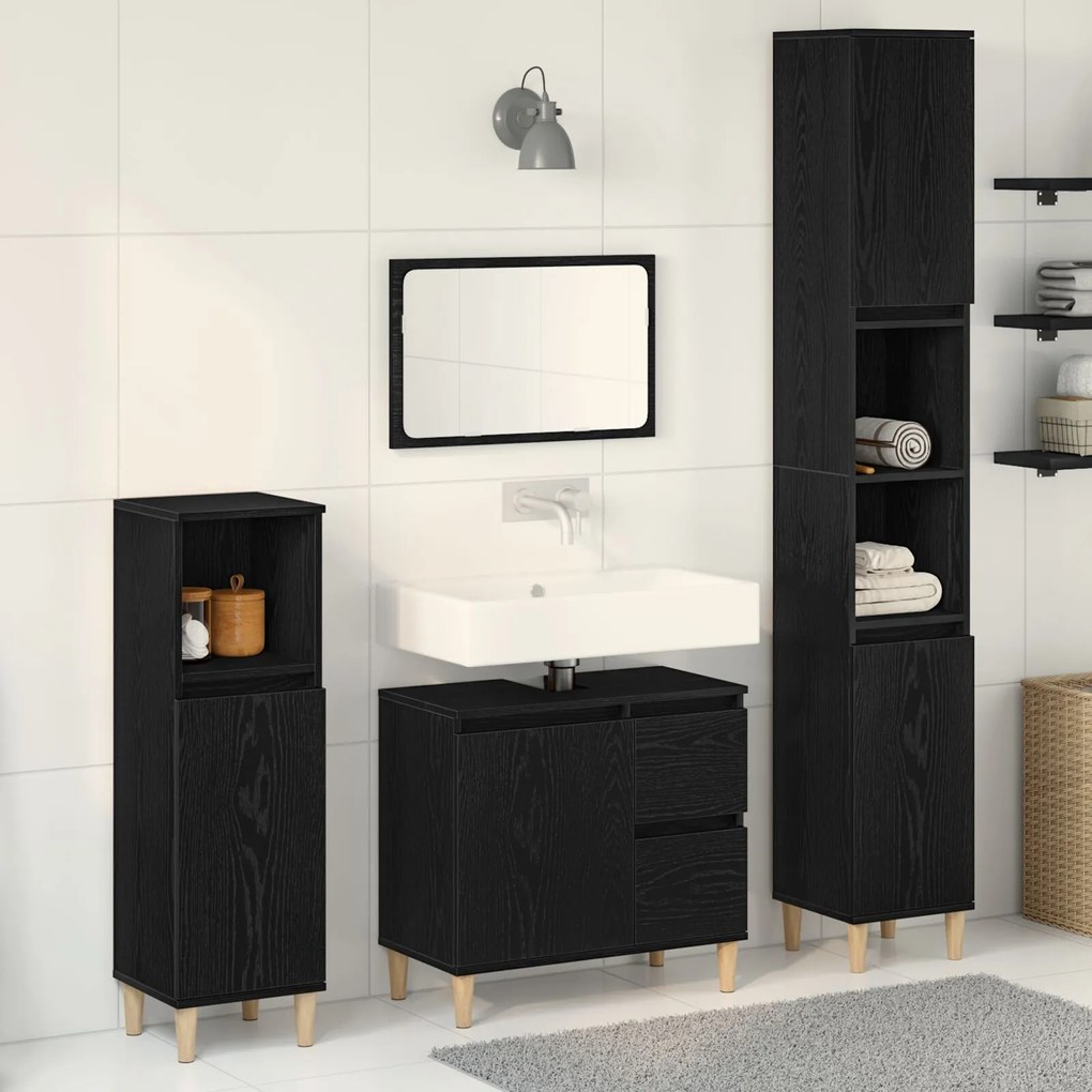 vidaXL Set de mobilier pentru baie cu ușă 3 pcs Negru 30 x 30 x 180 cm