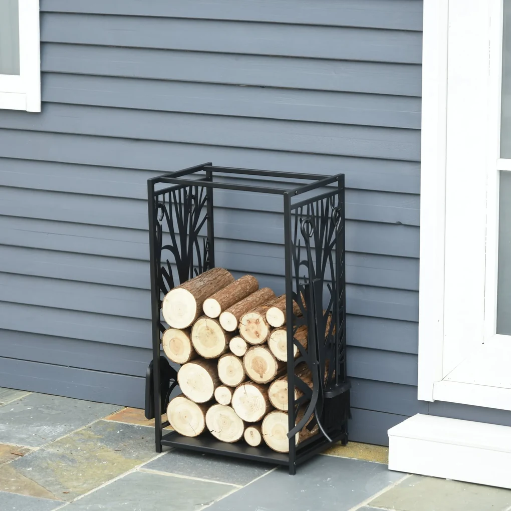 HOMCOM Rack din lemn de ars Suport lemne 4 scule din otel Max. 100kg ...