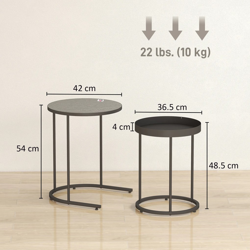 HOMCOM Set de 2 Măsuțe de Cafea în Stil Industrial, din Lemn și Metal, Ø42x54 cm și Ø36.5x48.5 cm, Gri și Negru | Aosom Romania