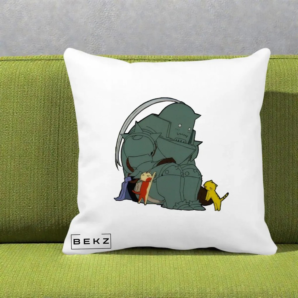 Perna Personalizata Fullmetal Alchemist Alphonse cu Pisici, 40x40 cm, Alba Mata, Husa Detasabila, Perna Inclusa, BEKZ®