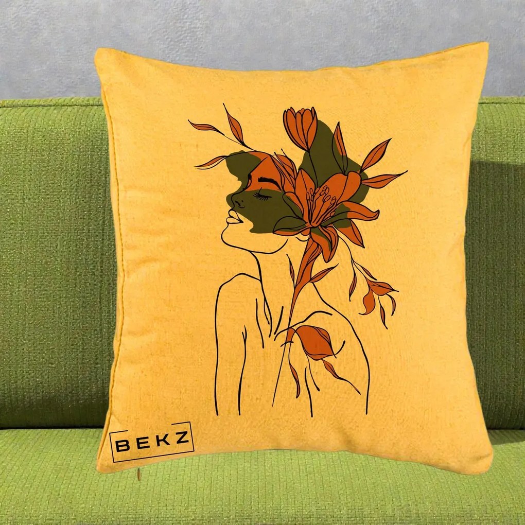 Perna Decorativa Portret Feminin Crin Auriu, 40x40 cm, Galben, Husa Detasabila, Perna Inclusa, BEKZ®