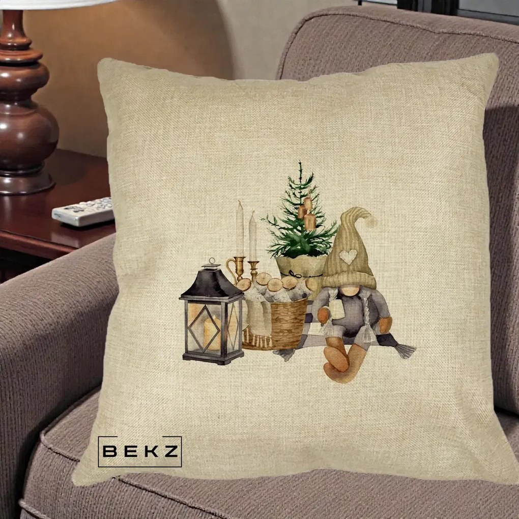 Perna Decorativa Gnom Scandinav cu Felinar, 40x40 cm, Crem, Husa Detasabila, Perna Inclusa, BEKZ®