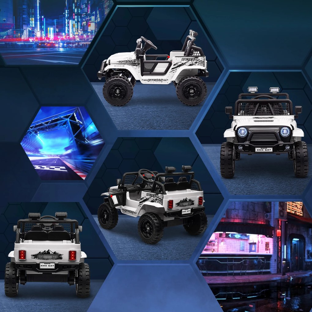 AIYAPLAY Mașină electrică pentru copii cu suspensie lină, controlabilă de la distanță, lumini LED, claxon, motoare de 12V, din plastic și metal, Alb | Aosom Romania