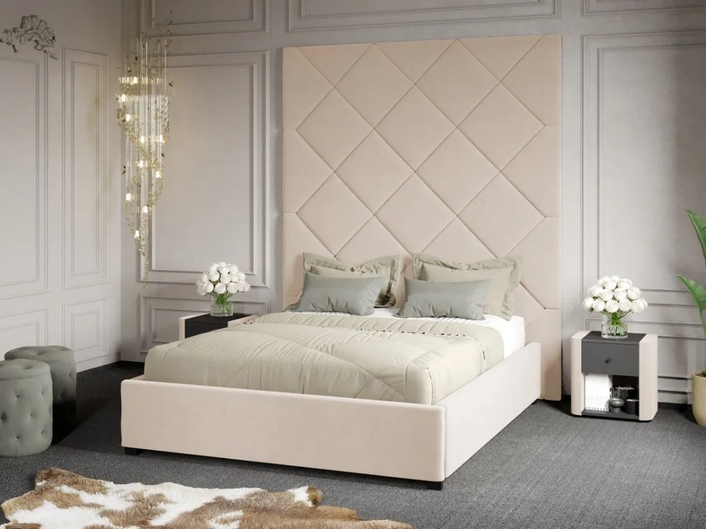 Pat Tapitat cu Panou 191x228 C1 Dubai cu somiera fixa Crem - Velluto 2 180x200