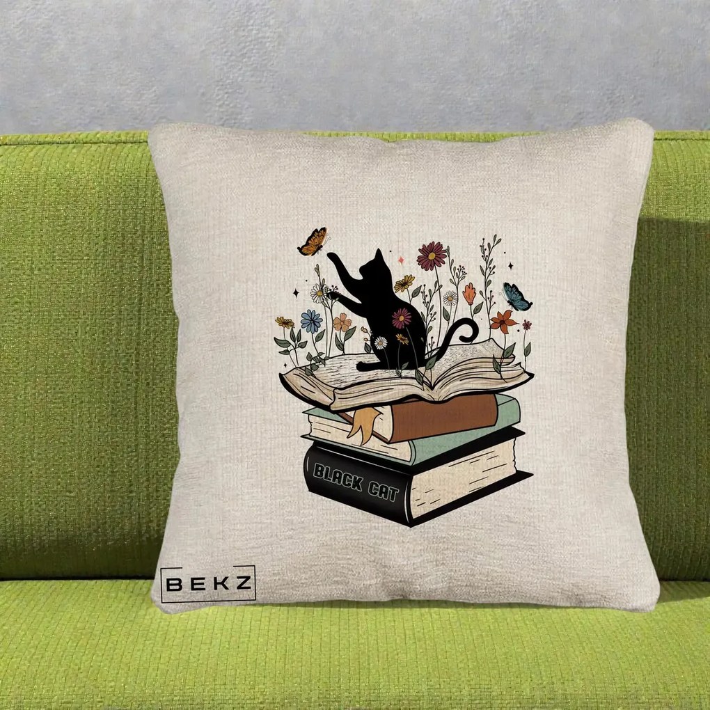 Perna Personalizata Pisica Neagra Carti Flori Fluturi, 40x40 cm, Bej Canapea, Husa Detasabila, Perna Inclusa, BEKZ®