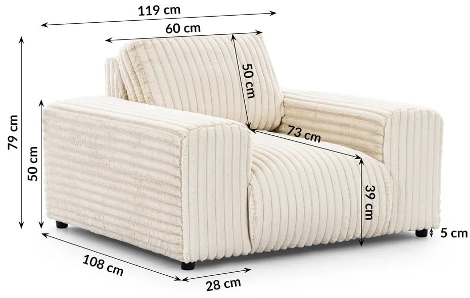 Fotoliu crem cu tapițerie din catifea reiată Justin – Ropez