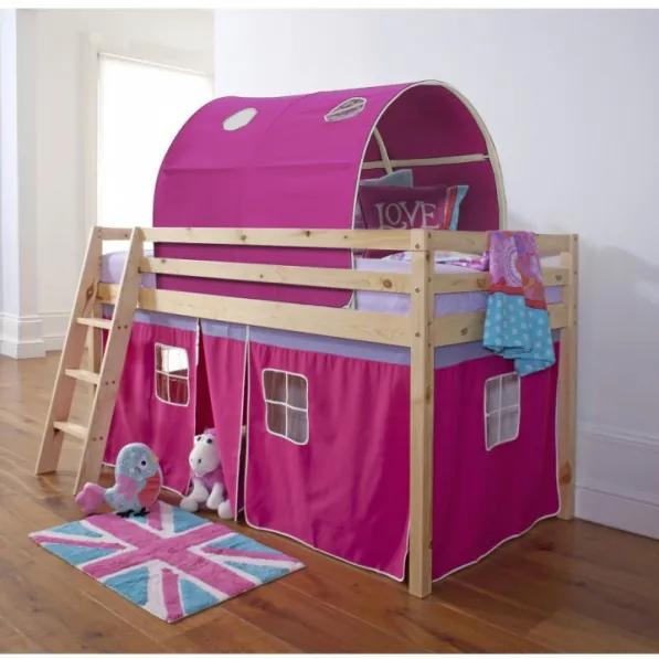 Pat pentru copil, inaltat ,cu cort si tunel roz,208x90x110 cm,lemn pin,Bortis Impex
